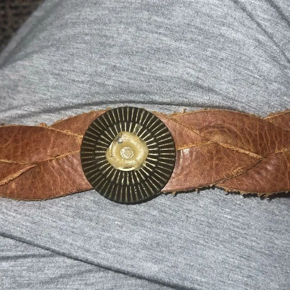 ✨Bebe cognac braided leather belt with turquoise details sz s/m✨